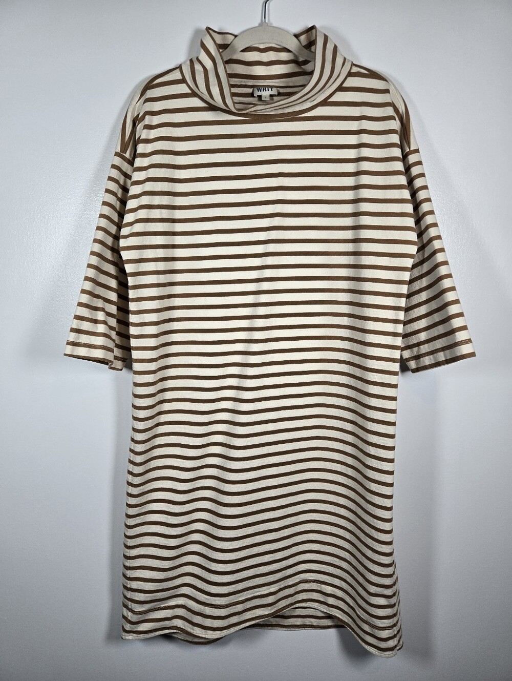 WHIT Brown Cream Stripe Heavyweight Cotton Cowl Neck Shirt Dress Size Large